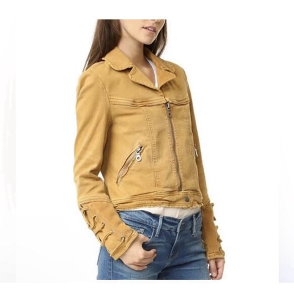 Free People Jacket Feel Good Brenda Moto Denim Laced Sleeves Cropper Moto Size L - Picture 1 of 12